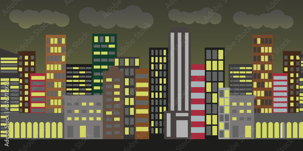 Panoramic design of evening cityscape for background. Vector drawing of city skyline buildings. City background in the evening.