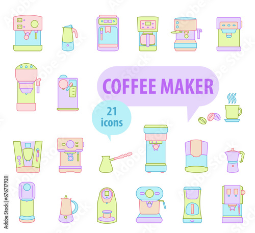 Coffee machines. Different types of coffee machines. Colored coffee machine icons with strokes. Printing materials.