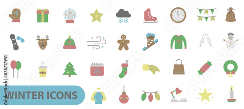Winter icons. Christmas and New Year icons. Set of Christmas icons. Multi-colored icons.
