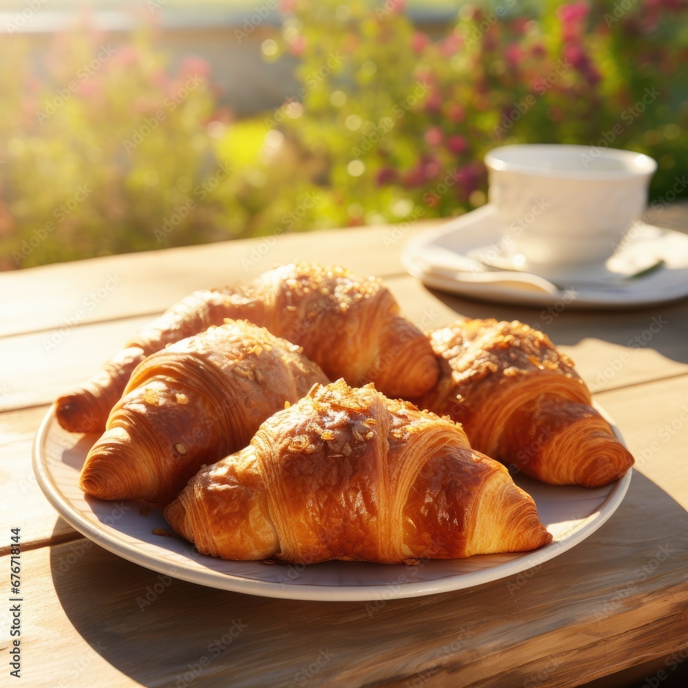 Tasty butter croissants laid on a wooden table. Generative AI. Tasty butter croissants laid on a wooden table. Generative AI.