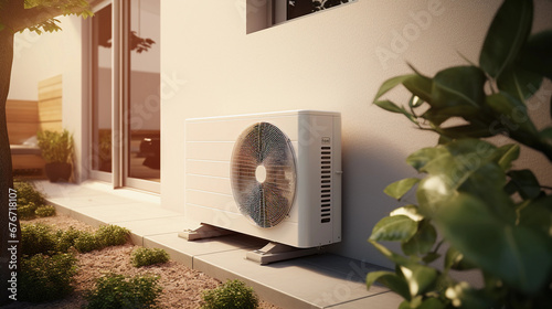 futuristic air conditioning installed outside of modern house, heat system, carbon neutral, sustainable a/c photo