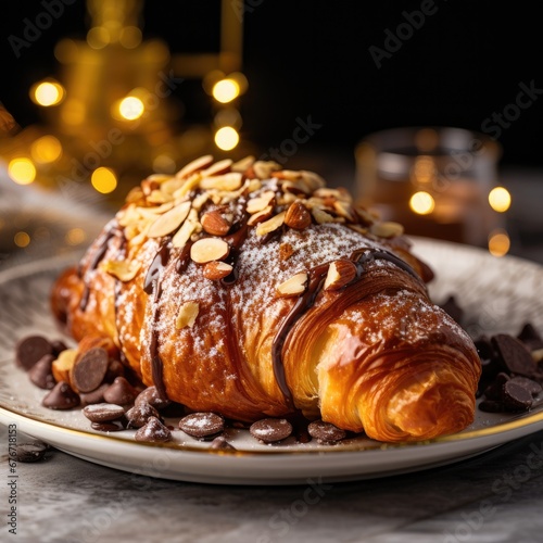 Tasty buttery nougat croissants laid on a wooden table. Generative AI.