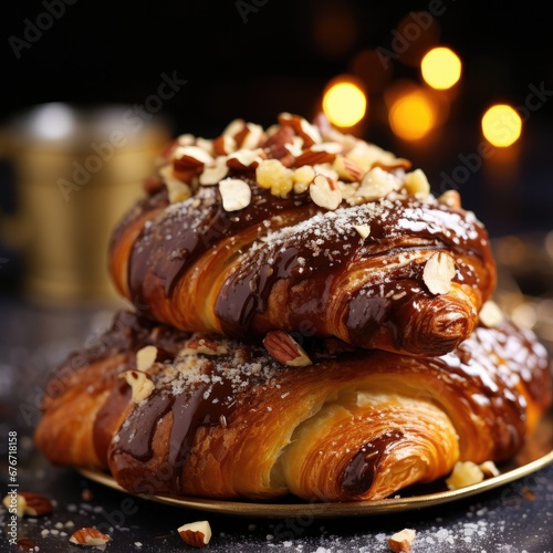 Tasty buttery nougat croissants laid on a wooden table. Generative AI.