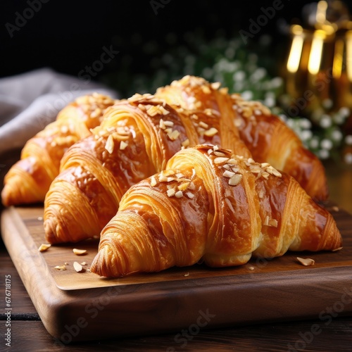 Tasty butter croissants laid on a wooden table. Generative AI. © Simona
