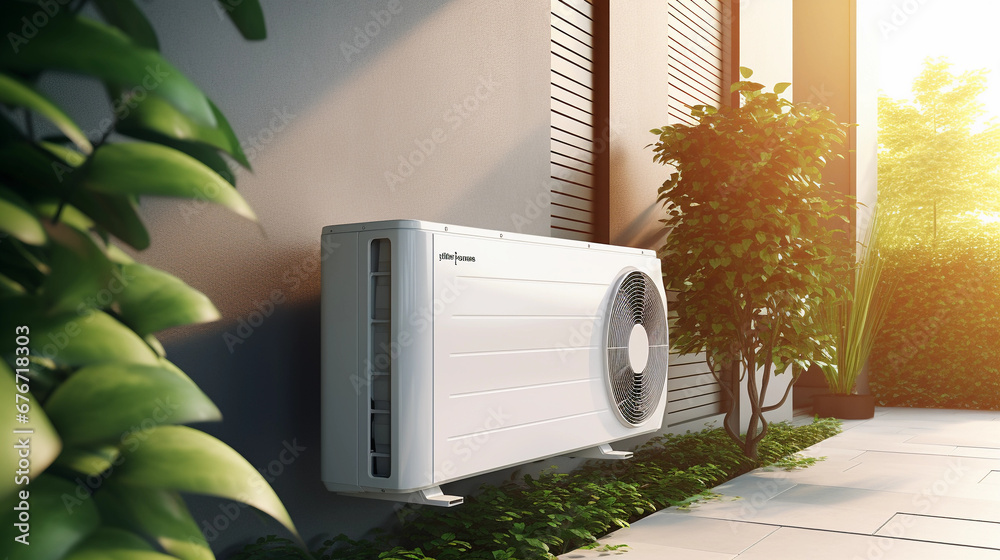 futuristic air conditioning installed outside of modern house, heat system, carbon neutral, sustainable a/c futuristic air conditioning installed outside of modern house, heat system, carbon neutral, sustainable a/c