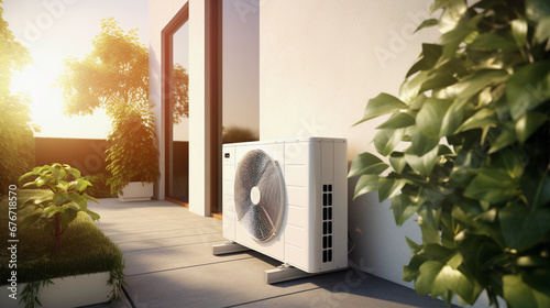 futuristic air conditioning installed outside of modern house, heat system, carbon neutral, sustainable a/c