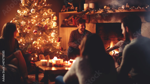 A cozy Christmas time living room with a fireplace and a decorated Christmas tree. Family, friends sitting around a table, opening holiday presents.