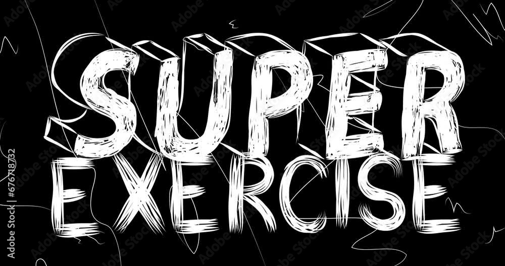 Super Exercise word animation of old chaotic film strip with grunge effect. Busy destroyed TV, video surface, vintage screen white scratches, cuts, dust and smudges.