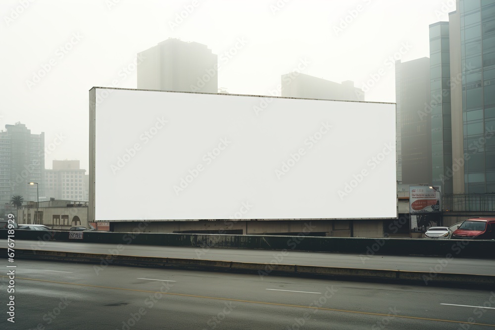 A large empty advertising poster, a mock-up of a Billboard in front of a building in the city, with space for copying, Advertising