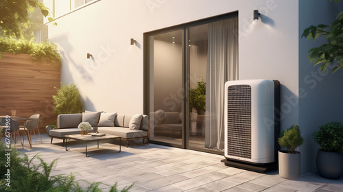 futuristic air conditioning installed outside of modern house  heat system  carbon neutral  sustainable a c