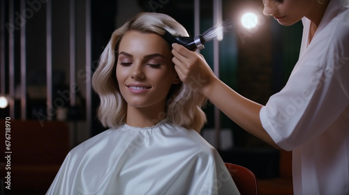 Beautiful blonde woman getting her hair styled, styling before show, haircut, model