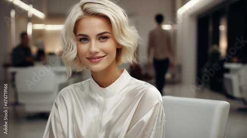 Beautiful blonde woman getting her hair styled, styling before show, haircut, model