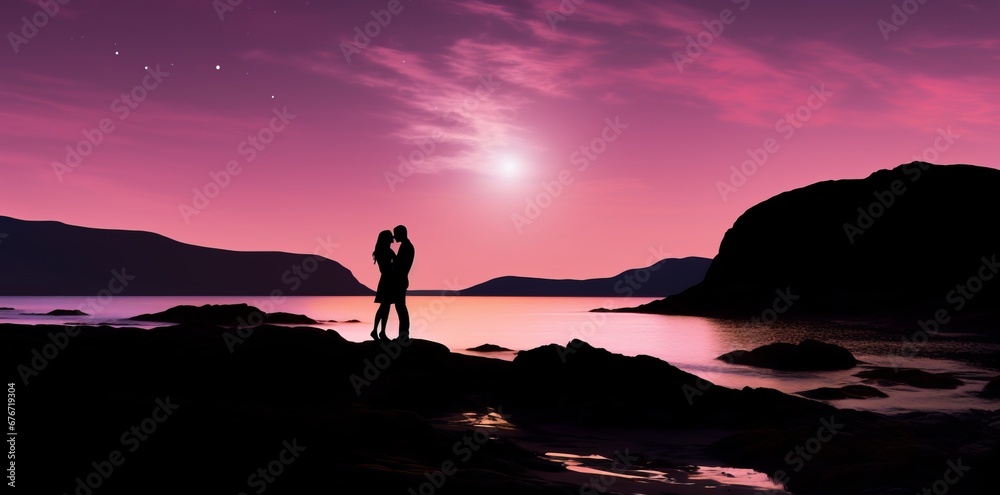 illustration of silhouette of a couple sharing a kiss against a colourful sunset in the coastline., romantic night, copy space for text, banner background, valentines and love card, love concept, 