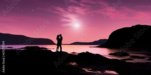 illustration of silhouette of a couple sharing a kiss against a colourful sunset in the coastline., romantic night, copy space for text, banner background, valentines and love card, love concept, 