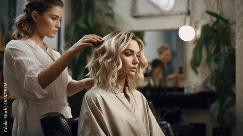 Beautiful blonde woman getting her hair styled, styling before show, haircut, model