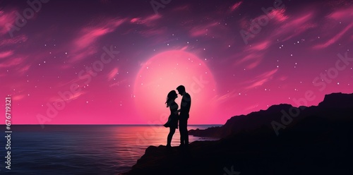 illustration of silhouette of a couple sharing a kiss against a colourful sunset in the coastline.  romantic night  copy space for text  banner background  valentines and love card  love concept  