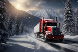 Red Truck drives through the snow on an icy road Generative Ai