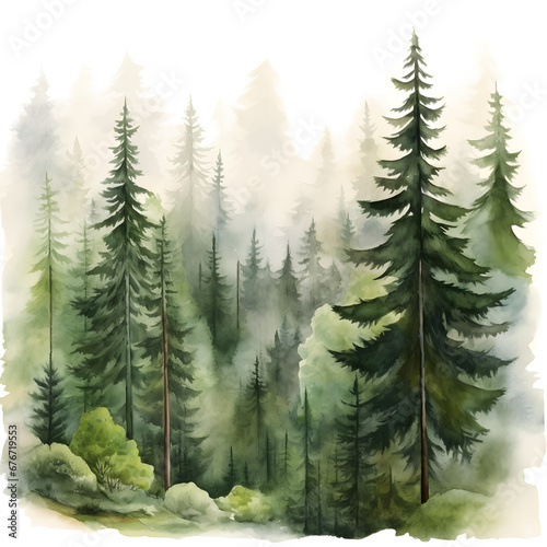 Trees in a forest watercolor painting. Generative ai. 