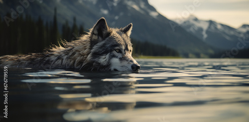 Ein Wolf schwimmt in einem Bergsee photo
