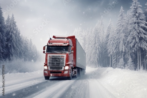 Red Trailor Truck drives through the snow on an icy road Generative Ai photo