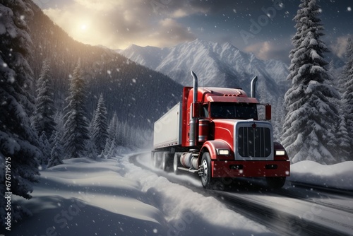 Red Truck drives through the snow on an icy road Generative Ai photo