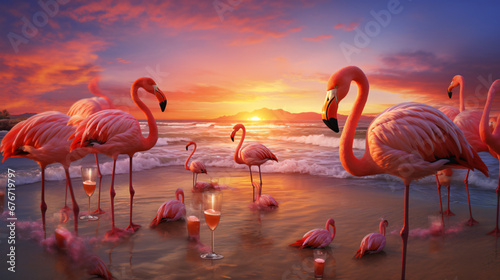 Flamingos on the beach during sunset surrounded