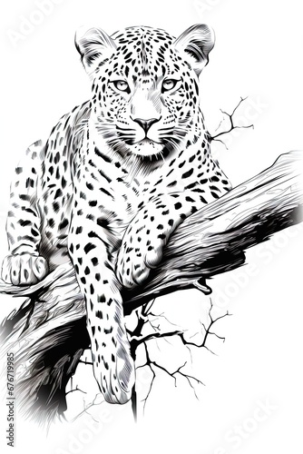 A leopard is sitting on a tree branch. Children's coloring book, Black and white illustration. Picture. Design. photo