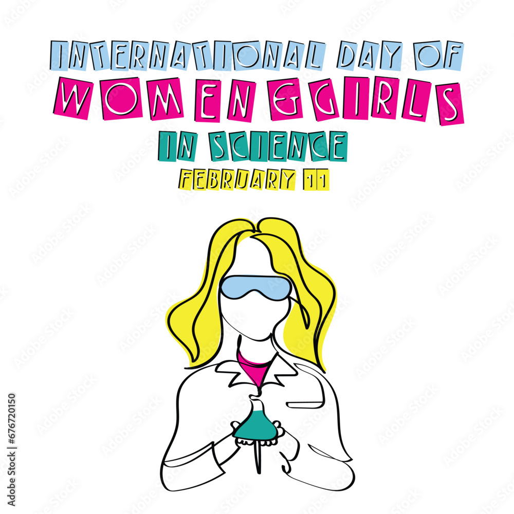 women and girls in science day celebrated every year in february. Agents of change. Role of women in accelerating progress. Continuous line art poster design. Empowerment and gender equality vector women and girls in science day celebrated every year in february. Agents of change. Role of women in accelerating progress. Continuous line art poster design. Empowerment and gender equality vector