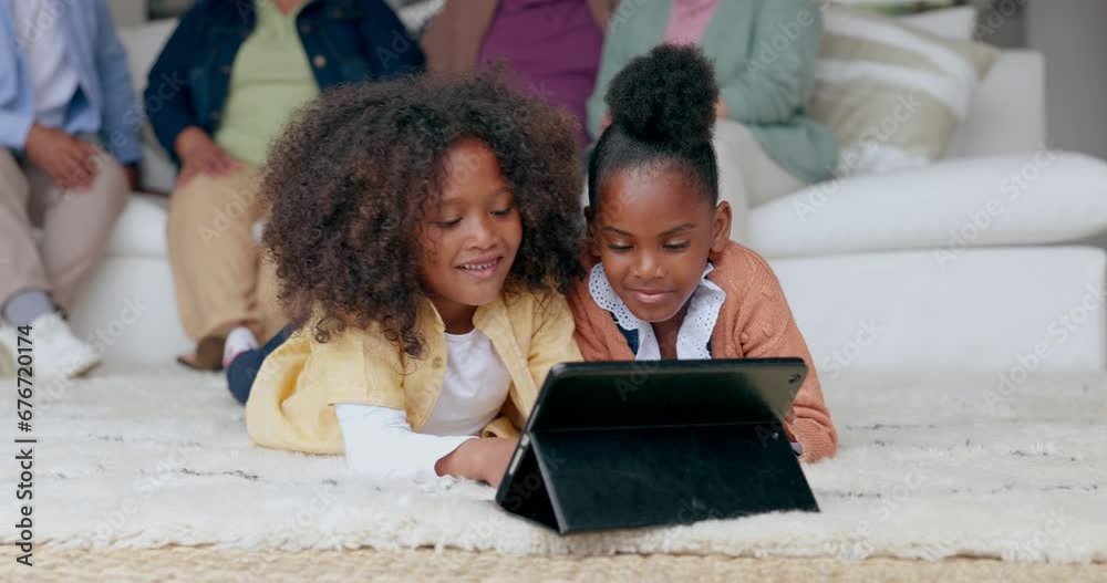 Kids, brother and sister on tablet for learning or streaming educational videos, games or cartoon. Smile, internet or children sibling playing on a website for a test, fun and entertainment in brazil