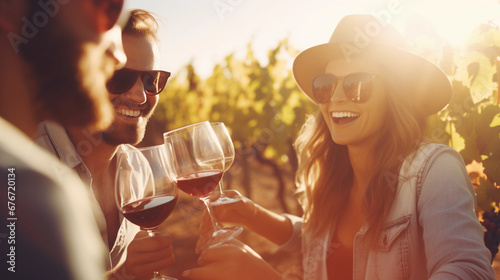 Image of friends drinking wine on a sunny day, beautiful landscape, friendship activity photo