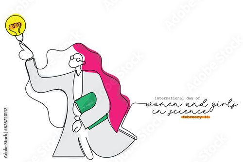women and girls in science day celebrated every year in february. Agents of change. Role of women in accelerating progress. Continuous line art poster design. Empowerment and gender equality vector