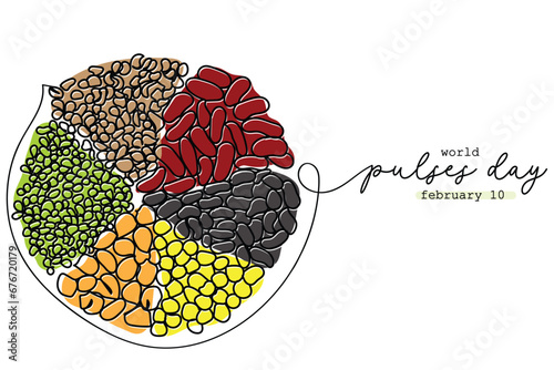 World pulses day observed on February 10. Earth day. Food day art concept. Vegan day. High protein legumes line art. Beautiful and colorful food art. Edible seeds. Staple dishes. Navy beans and lentil