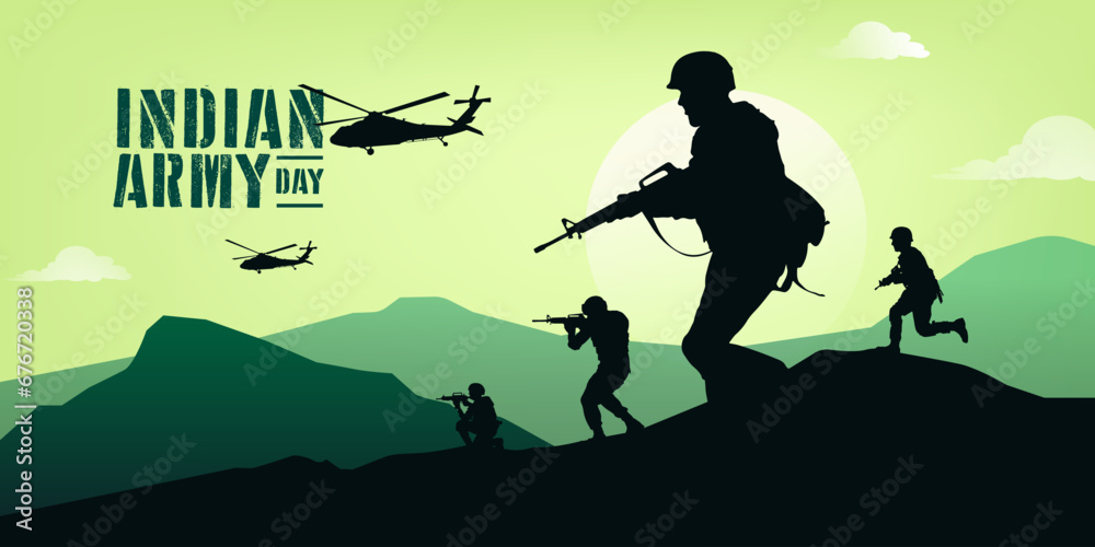 Indian Army Day, Military illustration, army background, soldiers silhouettes.
 - obrazy, fototapety, plakaty 