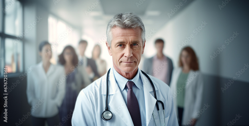 mature Doctor with stethoscope around his neck looking at the camera in a hospital setting mature Doctor with stethoscope around his neck looking at the camera in a hospital setting