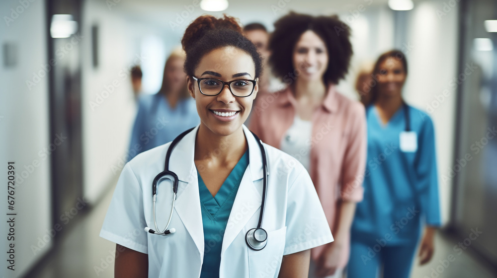 Portrait of smiling female professional doctor physician pediatrician wearing white robe with stethoscope around neck standing in modern private clinic hospital, looking at camera. Portrait of smiling female professional doctor physician pediatrician wearing white robe with stethoscope around neck standing in modern private clinic hospital, looking at camera.