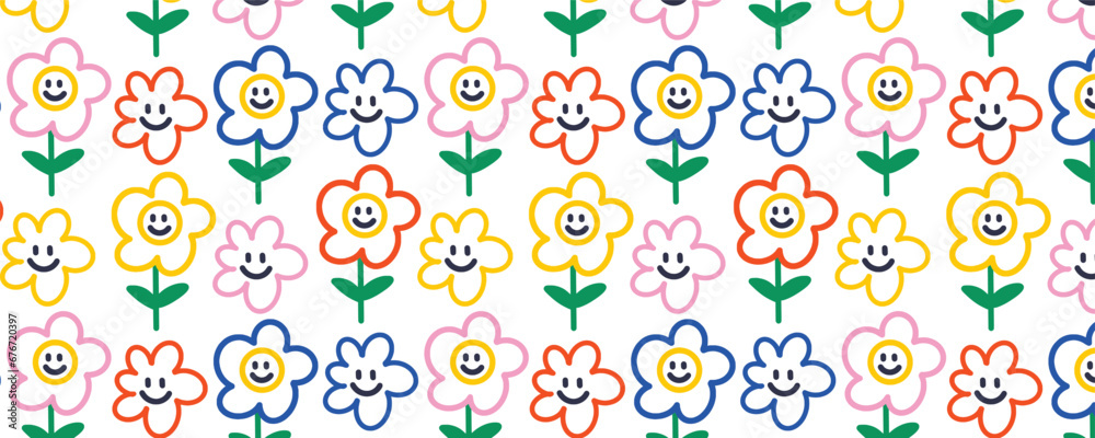 Vector fun line funny flower colorful seamless pattern background