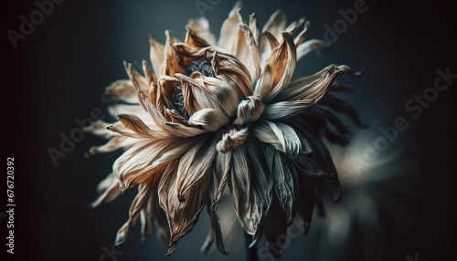 Close-up image of a wilted flower with drooping petals losing color, symbolizing melancholy and the transience of beauty 