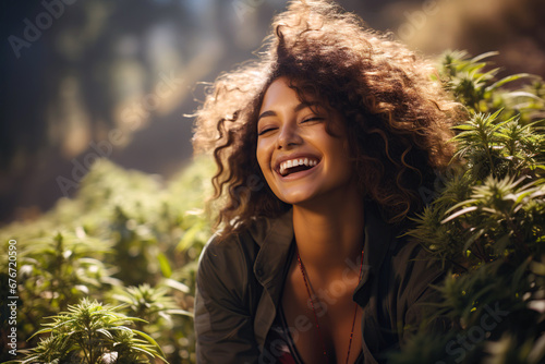 happy woman laughs in bushes of a marijuana cannabis crop on a farm in a greenhouse photo