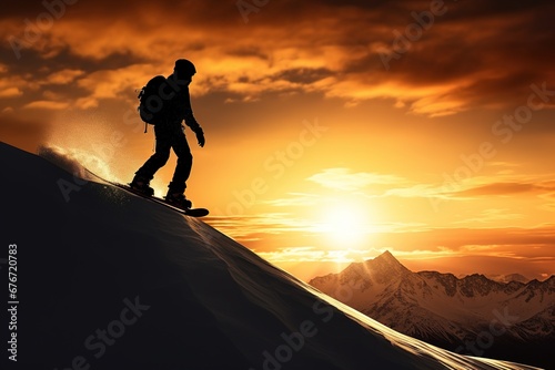 Snowboarders silhouette stand over the clouds, Beautiful snowy mountain background, Mountain landscape.
