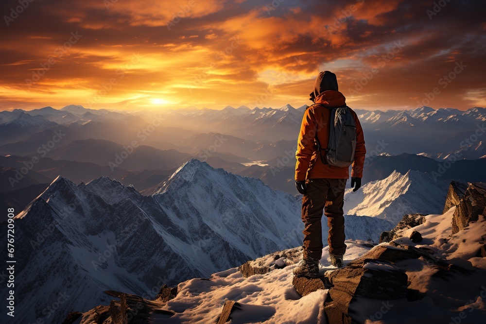 A tourist walks through the snow-capped mountains against the backdrop of an incredible sunset. Hobby recreation, Beautiful snow-capped mountains. Landscape.