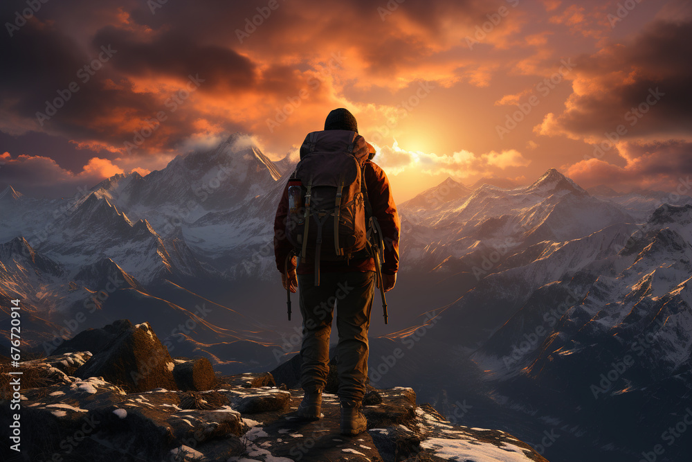 A tourist walks through the snow-capped mountains against the backdrop of an incredible sunset. Hobby recreation, Beautiful snow-capped mountains. Landscape. A tourist walks through the snow-capped mountains against the backdrop of an incredible sunset. Hobby recreation, Beautiful snow-capped mountains. Landscape.