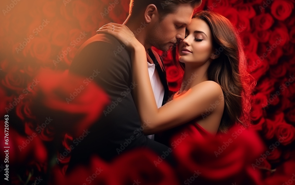 Valentine's day, Heterosexual couple in love hugging, red rose blur background.