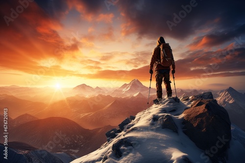 A tourist walks through the snow-capped mountains against the backdrop of an incredible sunset. Hobby recreation  Beautiful snow-capped mountains. Landscape.