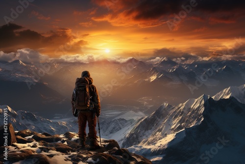 A tourist walks through the snow-capped mountains against the backdrop of an incredible sunset. Hobby recreation  Beautiful snow-capped mountains. Landscape.