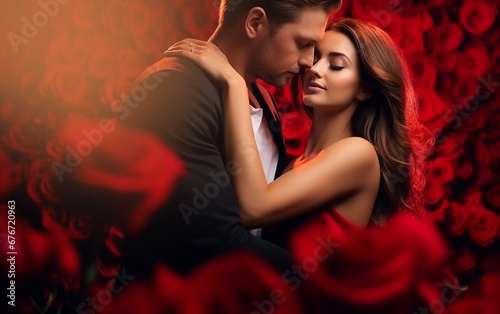 Valentine's day, Heterosexual couple in love hugging, red rose blur background.