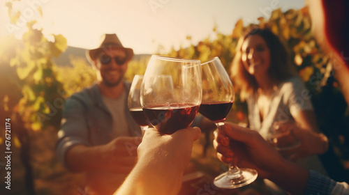 Image of friends drinking wine on a sunny day, beautiful landscape, friendship activity