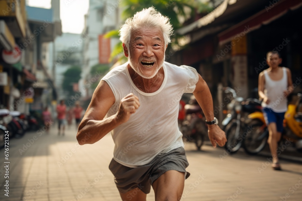 Elderly Asian Man Maintaining Active Lifestyle in the City