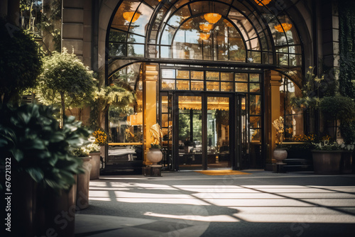 Shot of hotel entrance during sunny day photo