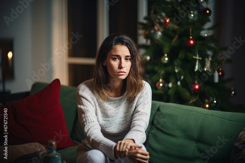 Melancholic Woman Missing Someone During Christmas photo