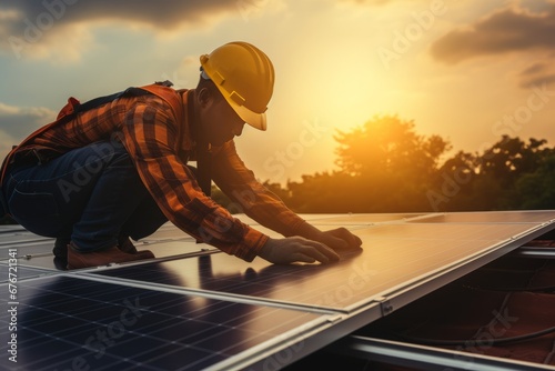 Dedicated Worker Installing Solar Panels at Sunset photo